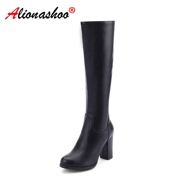

women knee high boots hoof heels black pu leather winter shoes round toe women boots booties botas mujer large size 34-43