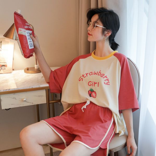 

women's sleepwear 2021 pajamas set leisure wear women short pyjamas night suit home summer cartoon cotton nightwear, Black;red