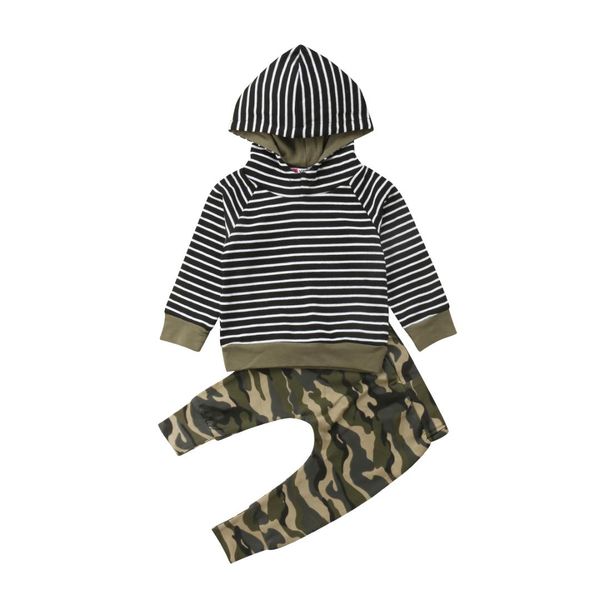 

2pcs infant baby boys kids stripe hooded sweater +pants outfits set clothes, White