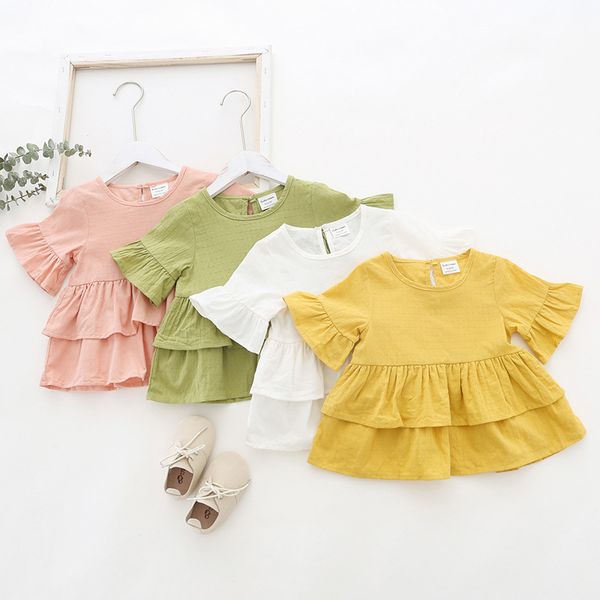 

2020 Spring Summer Fashion Children'S Clothing Linen Cotton Baby Kids Girl Flare Short Sleeve Blouse Princess Ruffles Shirt