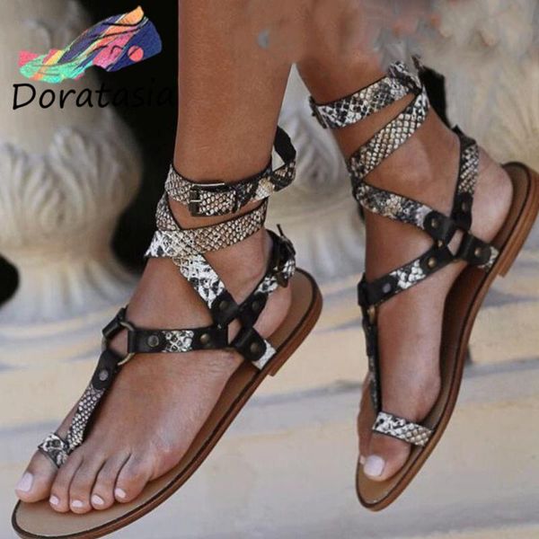 

doratasia fashion low heel gladiator shoes 2020 casual animal print sandals women summer trendy retro rome flat sandals, Black