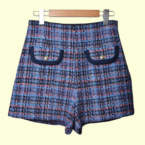

2019 fall winter blue plaid print tweed panelled above knee short mini shorts women fashion shorts d25163229s, White;black