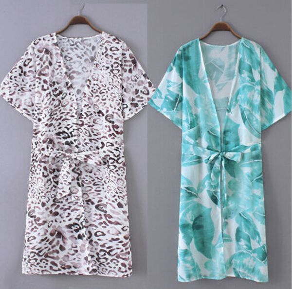 

meihuida beach dress casual women summer chiffon cardigan loose wrap short sleeve female leopard bathing suit ladies cover up, Blue;gray