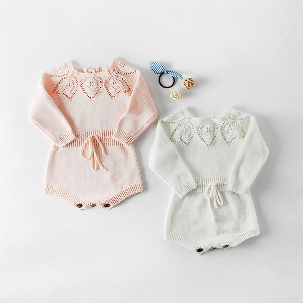 

ins baby girls princess romper autumn infant hollow out long sleeve jumpsuit fashion toddler knitting bow lace-up onesie y2615, Blue