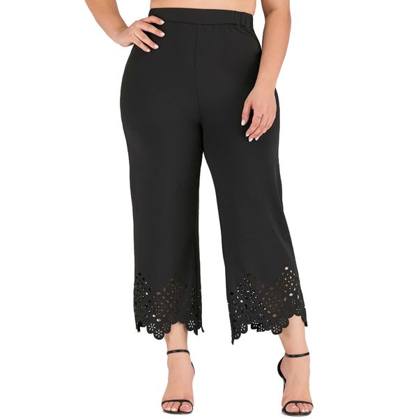 

leggings womens plus size elastic waist hollow hole loose casual wide leg leggings pants women's trousers ladies pants clothing, Black