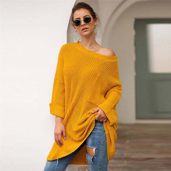

women's casual loose pullover round neck bat sleeve solid knit pullovers long sweaters woman 2019 fashion baggy pullovers, White