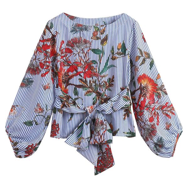 

designer blouse women floral print blouse fashion shirts women s belted mixed striped long sleeve blouse ladies print haut femme, White