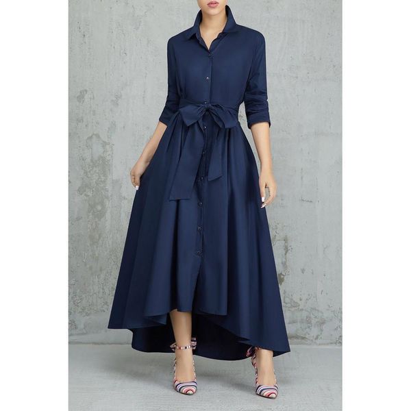 

irregular long shirt dress women elegant a line turn-down collar lace up dress bandage office lady women dress vestido robe, Black;gray