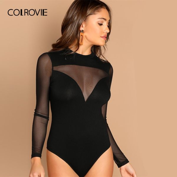

colrovie black mock-neck mesh fitting sheer elegant skinny bodysuit women 2019 spring long sleeve office lady bodysuits, Black;white