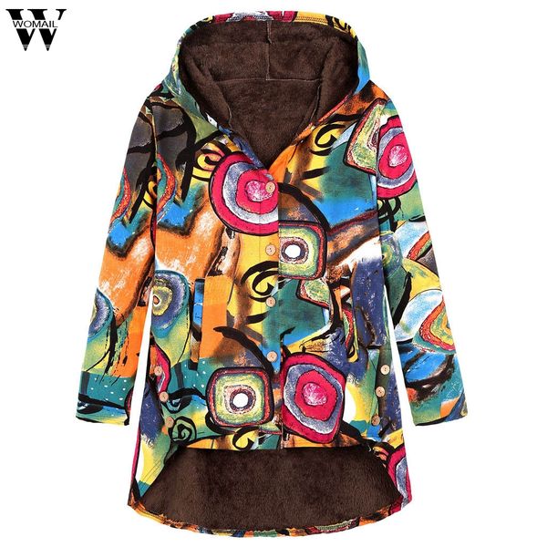 

womail womens coats winter warm outwear floral print hooded pockets vintage oversize coats coat women abrigo 2019 s-5xl, Black