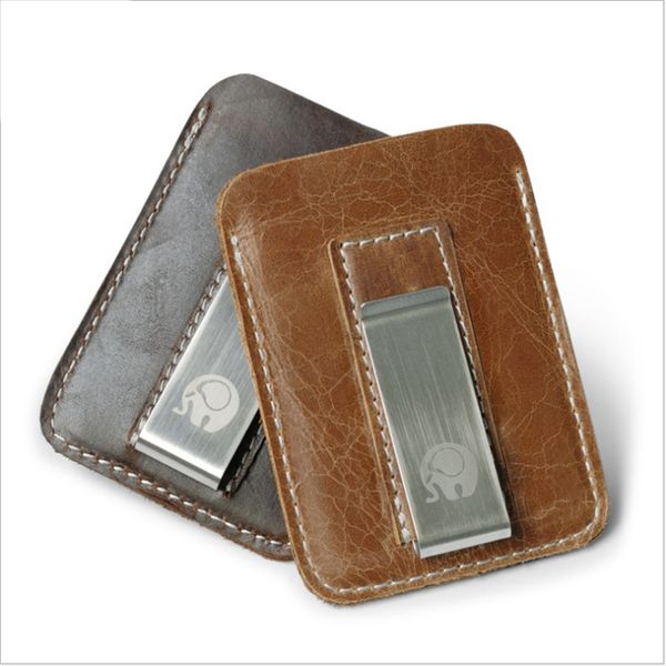 

men money slip metal short wallets men mini convenient male slim clutch genuine cowhide leather money clip wallet 4 colors, Black