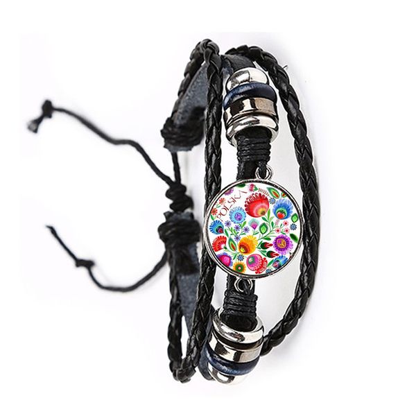 

ethnic polish folk art pattern glass cabochon leather bracelet bohemia fashion flower print round jewelry bangle for women men, Golden;silver