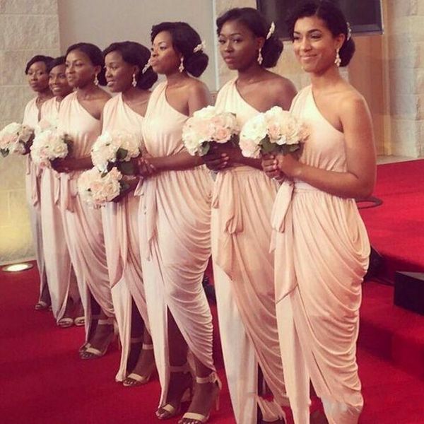 

2020 pale bridesmaid dresses ruched beach wedding party guest dresses nude one shoulder front split junior maid of honor dress ankle-length, White;pink