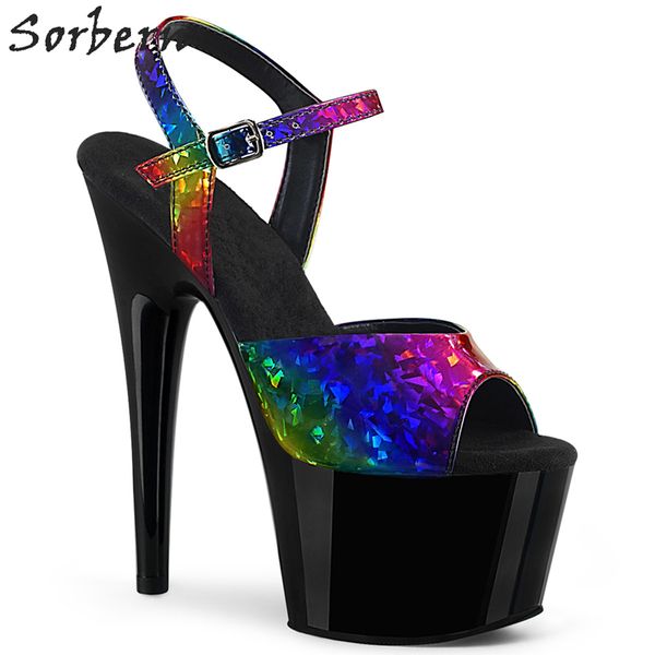 

rainbow black stripper pole dance sandals summer shoes 17cm high heels platform shoes holographic slingbacks
