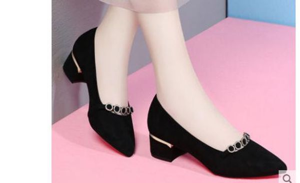 

women's shoes in spring and autumn middle coarse heel pointed end suede@8159, Black