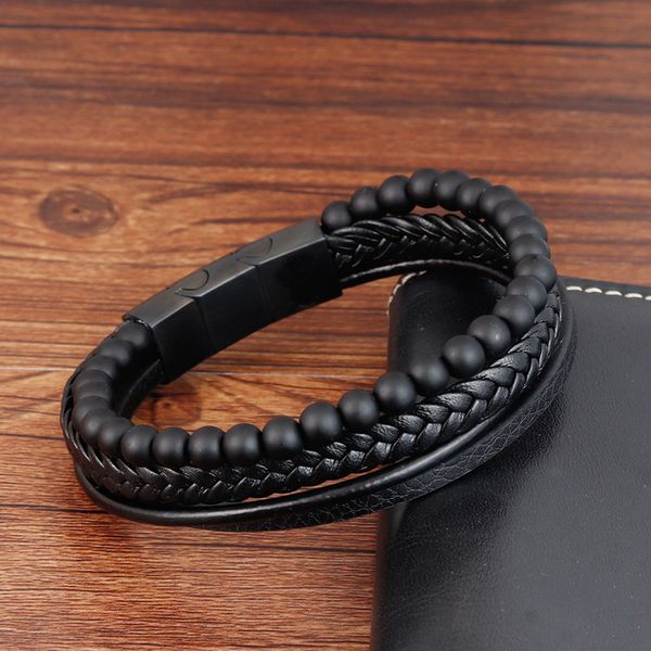 

cuff punk black bracelet cool men multilayer leather bangle stainless steel magnetic clasp wristband trendy male jewelry gift, White