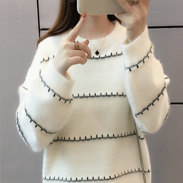 

women's casual crew neck mink cashmere loose crop sweater female soft knitted pullover jumpers korean new winter k9008, White;black