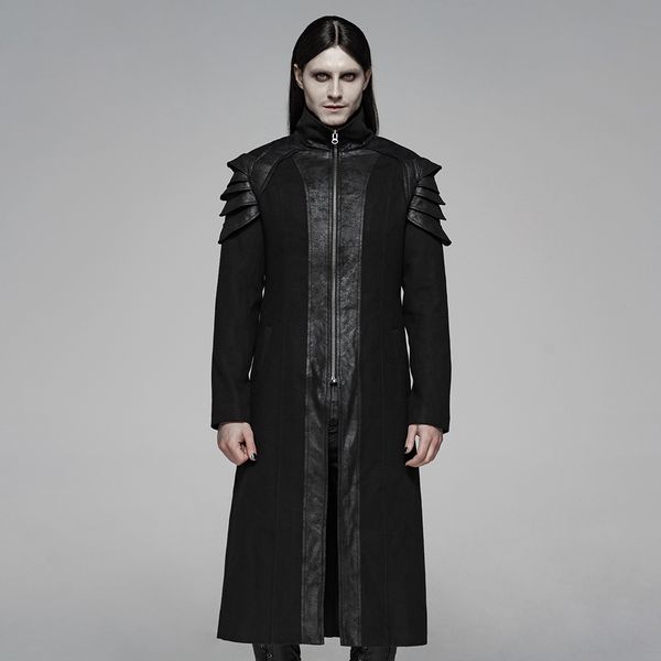 

punk rave mens punk armor long coat double-side-woolen with pockets on both sides party stageperformance mens winter long jacket, Black