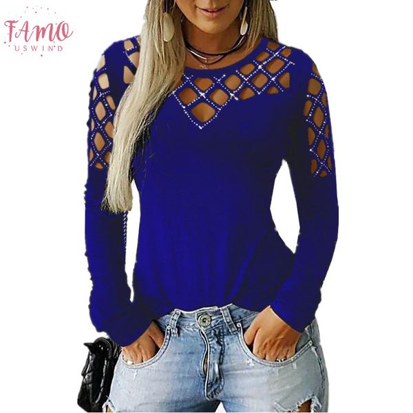 

2019 women hollow rhinestone long sleeve t shirt long sleeve casual solid lady t shirt tee shirt female plus size s, White