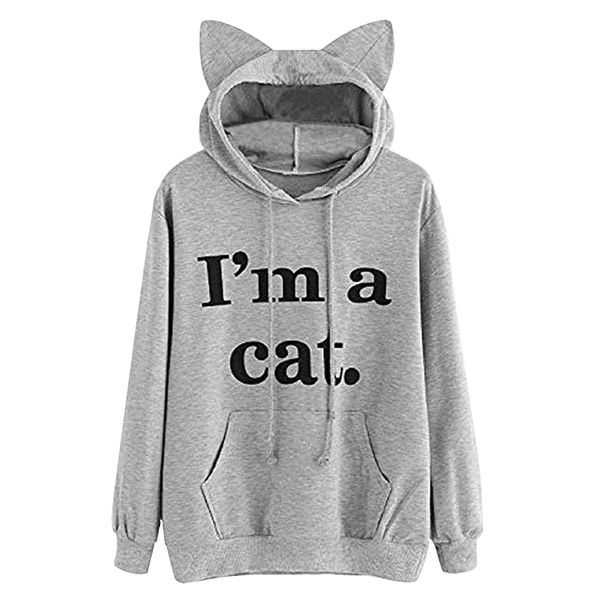 

outwear long sleeve shopping casual autumn winter women hoodies letter pattern warm office cat ear drawstring cute daily loose, Black