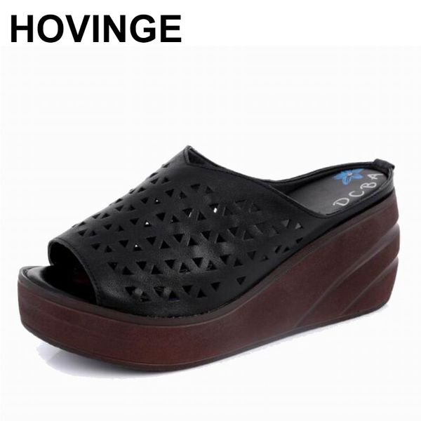 

hovinge 2020 новые коровьей hollow лето сандалии женщин тапочки мода elegant толстым дном клин трусы простой белый повседневный, Black