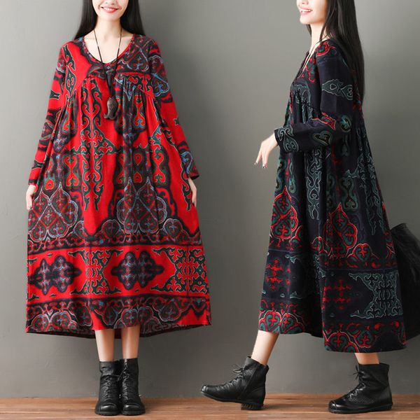 

autumn new ethnic women's retro printing large size long sleeve literary cotton and linen v-neck dress femme vestidos f2098, Black;gray