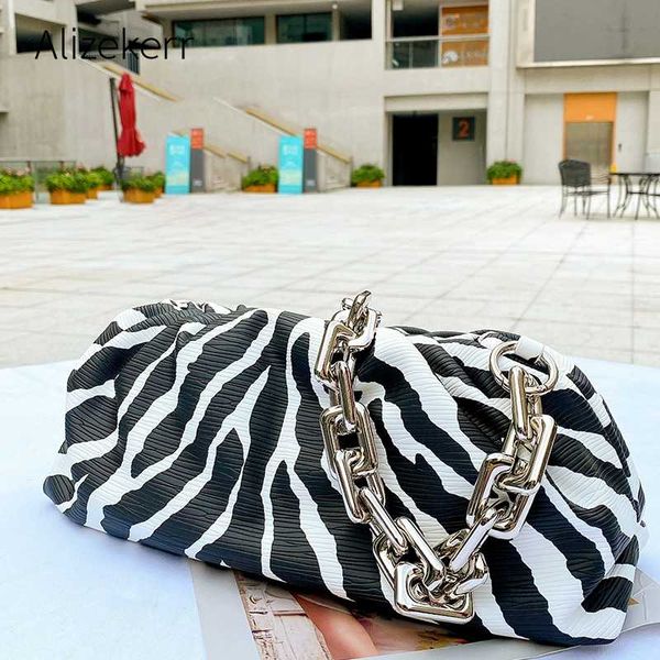 

zebra print pleated shoulder bag women 2020 korean thick metal chain pu leather handbag ladies clip purse