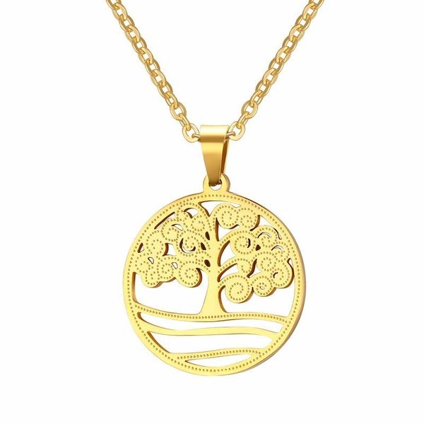 

filigree tree of life symbol round pendant necklace for women stainless steel golden female jewelry, Silver