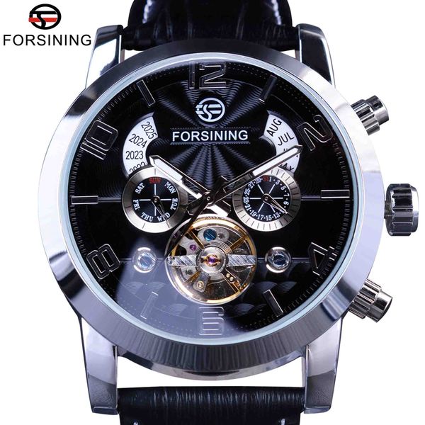 

forsining tourbillion fashion wave dial design multi function display men automatic watch brand luxury mechanical wristwatch, Slivery;brown