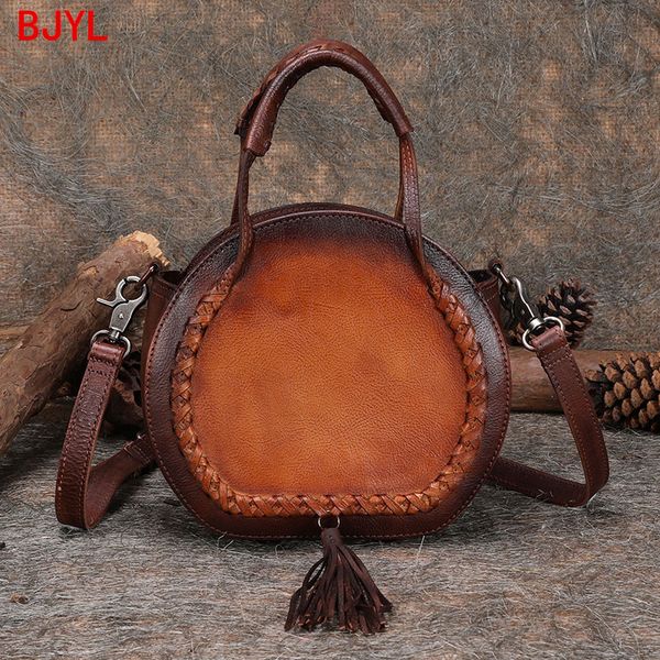 

2020 retro niche leather women handbag head layer cowhide female shoulder messenger bag personality tassel small round bags