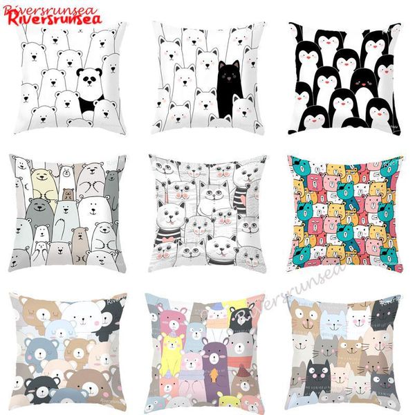 

cartoon black and white animal plush pillow cute bear penguin cat pattern car backrest chair cushion for kids bedroom decoration