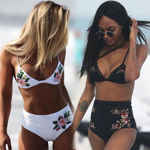 

embroidery floral bikinis 2019 high waist bikini set flower applique bandage padded swimwear bathing suit maillot de bain, White;black