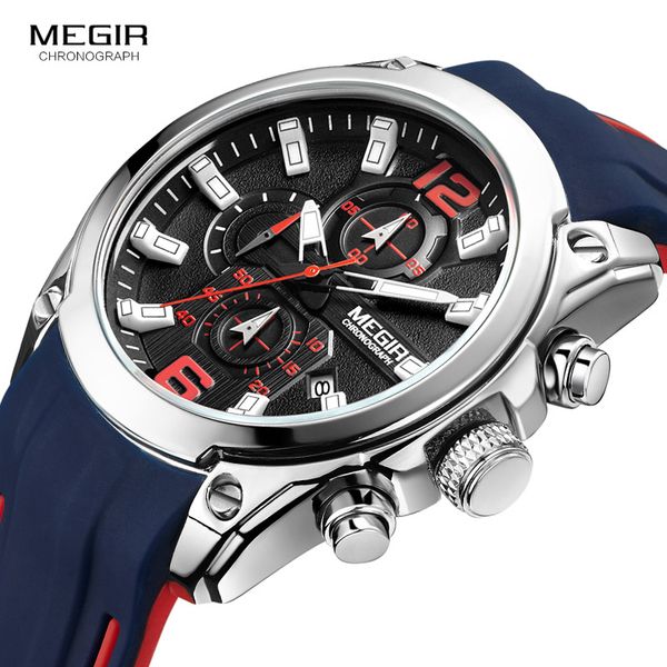 

megir men's sports quartz watches blue silicone strap analogue chronograph wristwatch for man luminous hands calendar 1037 gbe-1, Slivery;brown