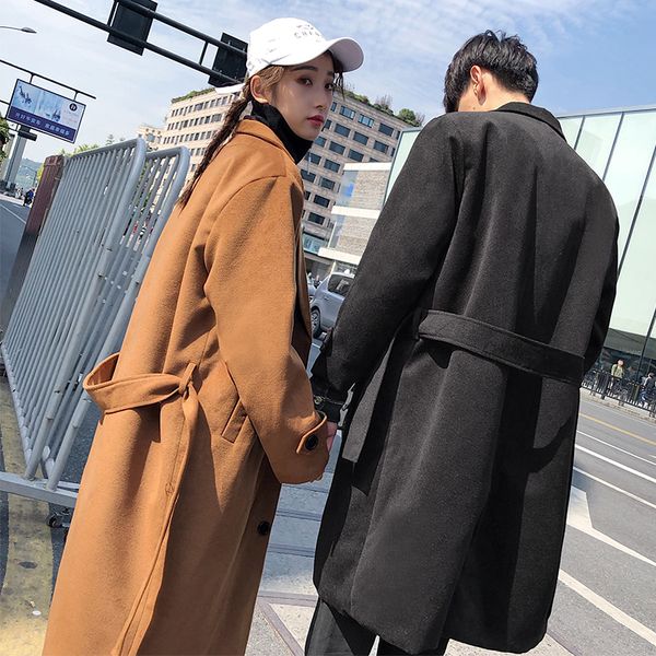 

2019 autumn new korean version of the couple long section long-sleeved solid color lapel to send belt men's casual woolen coat, Black