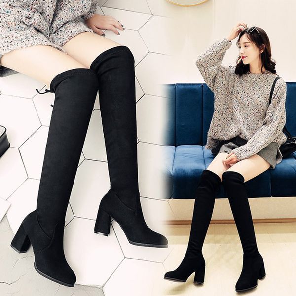 

winter women over the knee boots 2019 lace up stretch suede pointed toe female high heel shoes ladies fashion thigh high boots, Black