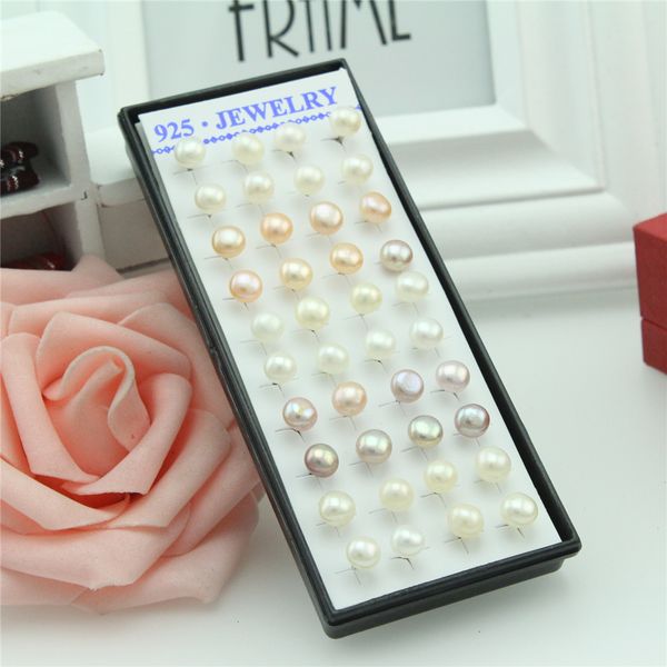 

40pcs 925 sterling silver earrings female mixed color silver inlaid natural pearl earrings round pearl women stud earrings 6mm, Golden