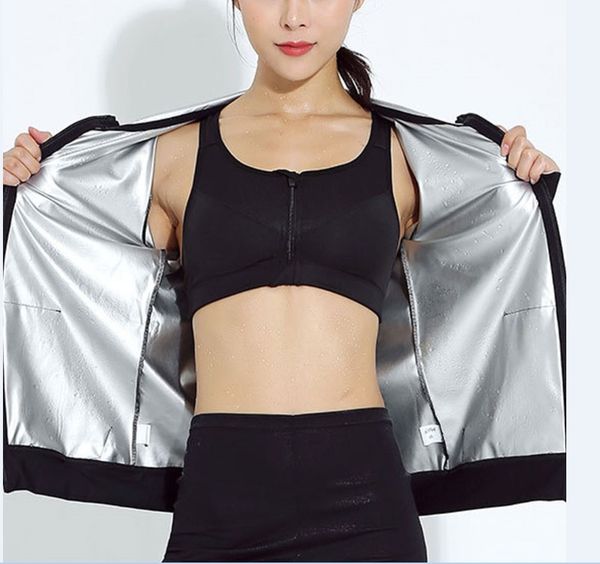 

women fast sweat hooded coat silver coating lining burn calories sport top, Black;red