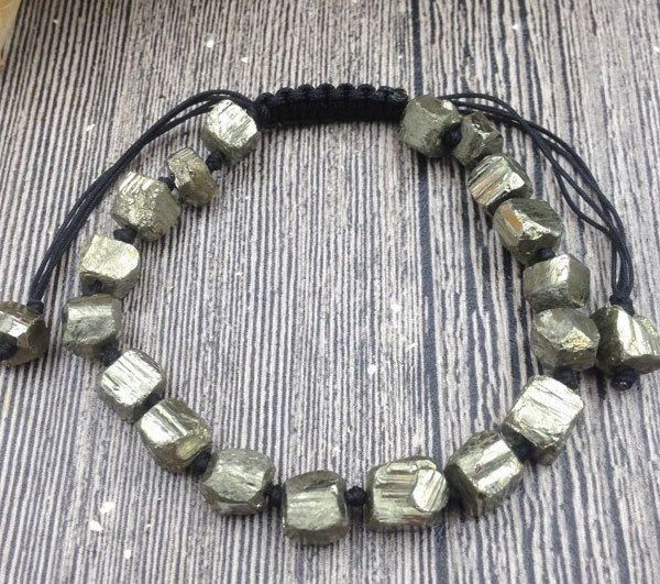 

ya3060 natural rough pyrite stone cord knotted adjustable bracelet, Golden;silver