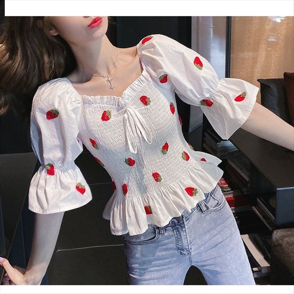 

2020 пузырь рукав дизайн верхней части чувственная квадратные воротник женских рубашек семь-точка рукава темперамент рубашка женщины, White