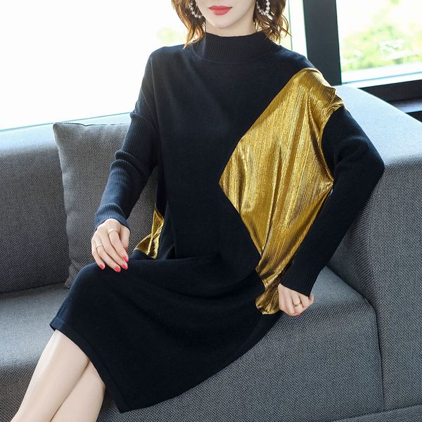 

fall new loose above the knee aristocratic temperament women patchwork wool dress knit dress is a plus-size korean version, White;black