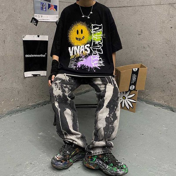 

дизайнерская футболка для мужчин мода хип-хоп мужские свободные тройники повседневная геометрическая печать рубашки мужские круглый вырез фу, White;black