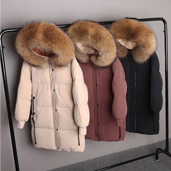 

real natural raccoon fur 2018 new winter jacket women white duck down jacket thick hood coat long plus size parka female, Black
