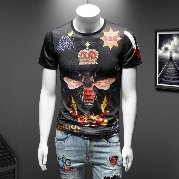 

luxury crown bee print t shirt men short sleeve summer casual t-shirt breathable tee streetwear t shirt male clothes 7xl, White;black