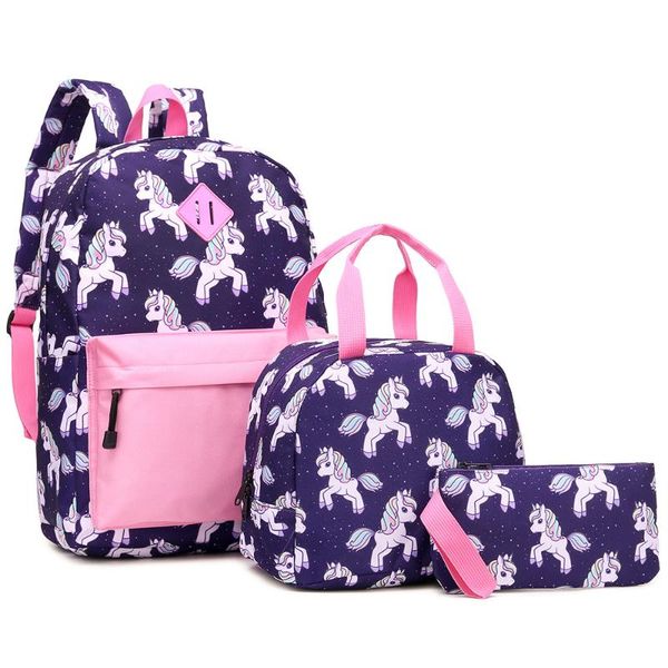 

d7 color matching unicorn cartoon three-piece primary and secondary school schoolbag lunch bag pencil case printing backpack