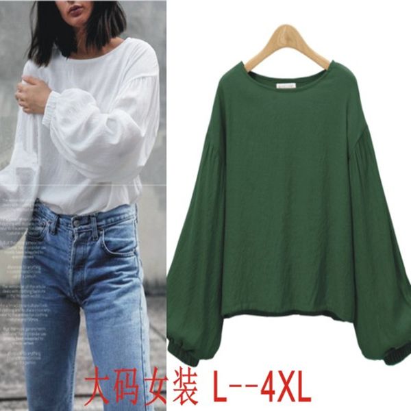 

l-4xl large size 2018 new spring autumn blouse women lantern sleeve o neck loose plus size elegant loose shirt clothing, White
