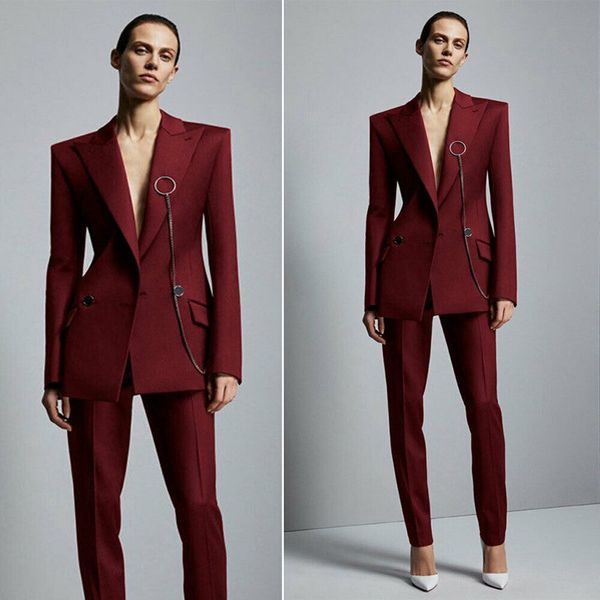 Şarap Kırmızısı Gelin Pant Suit Kadınlar İş Çalışma Üniforma Resmi Kıyafet İçin Düğünler Smokin Blazer Of 2020 Anne (Ceket + Pantolon)