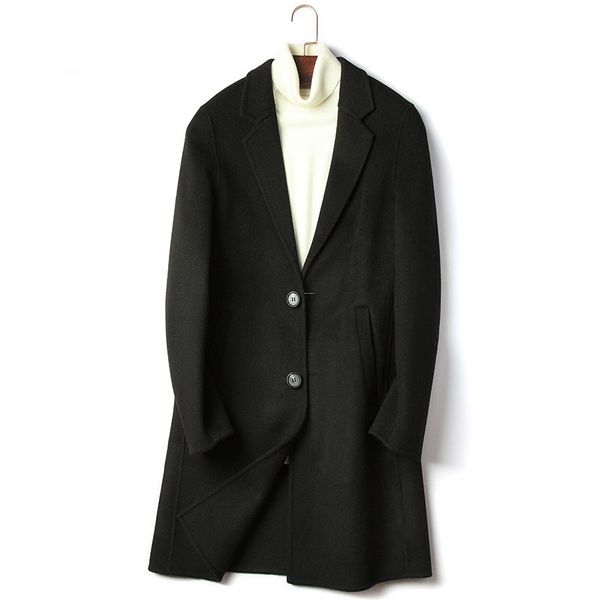

double face 100% wool coat men single breasted notched collar woolen jacket male medium long plus size wool outerwear 2018 new, Black