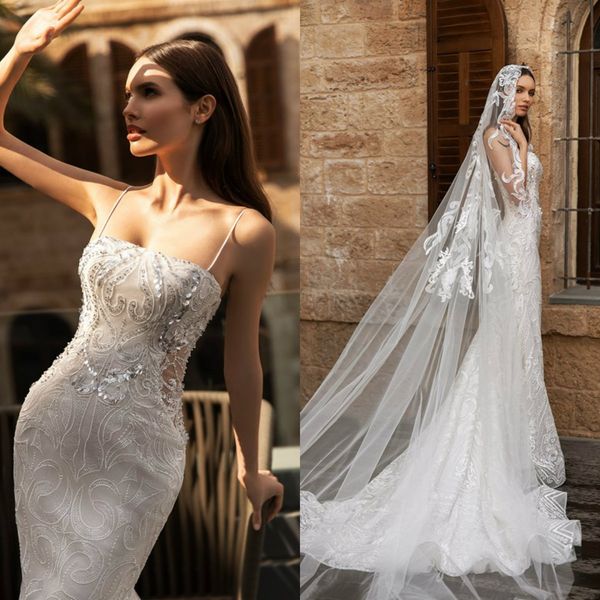 

modern mermaid wedding dresses 2020 spaghetti straps lace sequined wedding dress lace up back vestido de novia, White