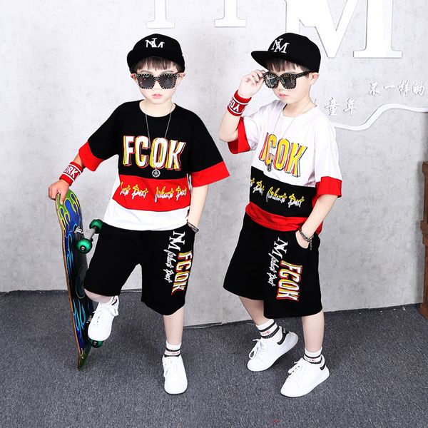 

summer children's short-sleeved t-shirt hip-hop shorts boy sports clothes casual fashion sweatshirt round neck shirt 5-13 years old 2 s, White