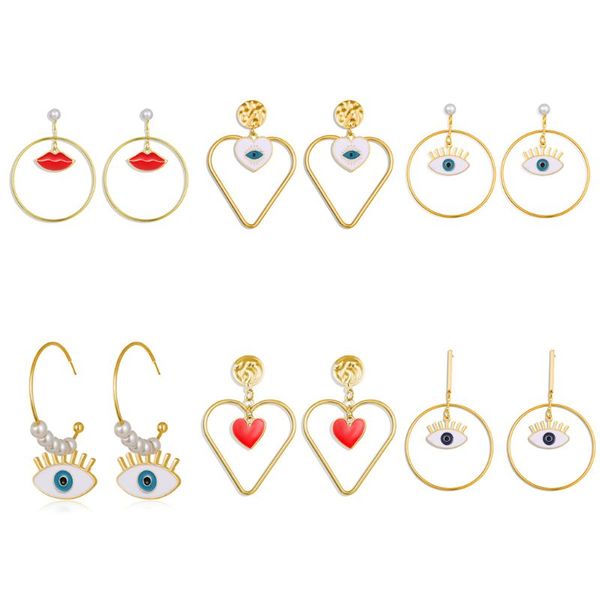 

6 pairs evil eye earrings mystic baroque evil eye heart pearls lucky pendant drop earrings women, Silver